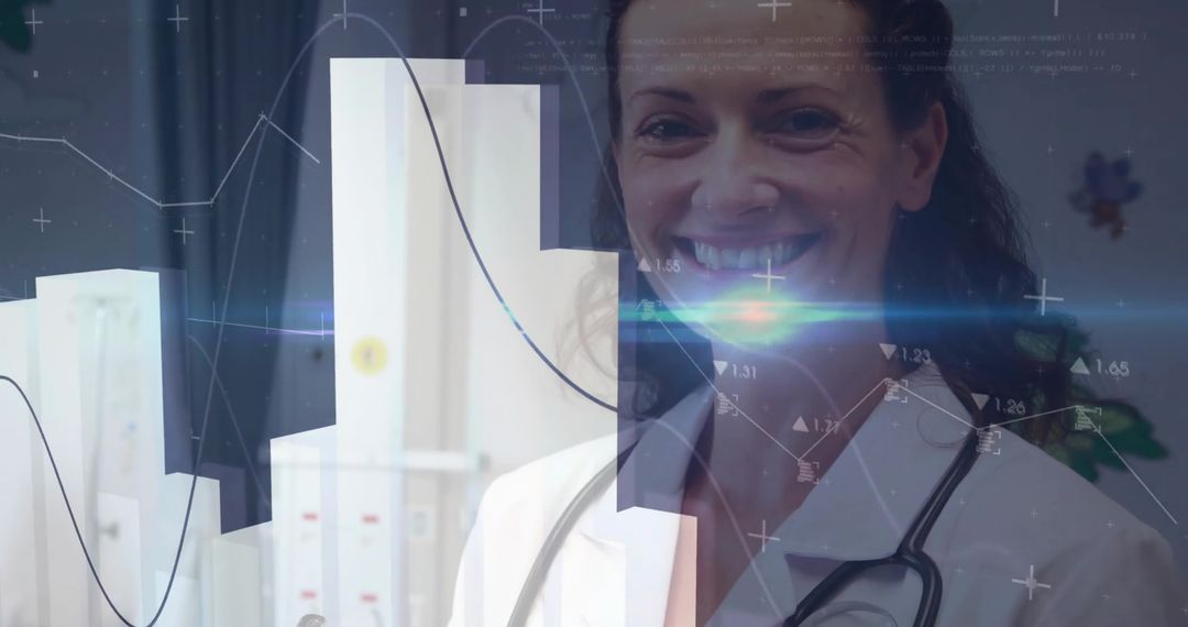 Smiling Doctor in Clinic with Digital Data and Analytics Overlays