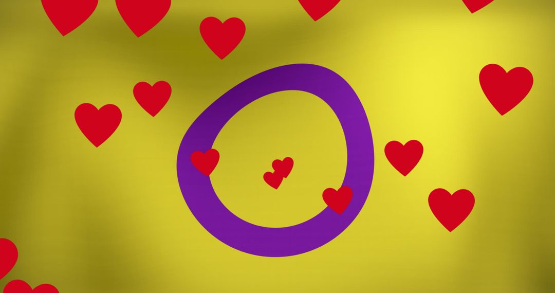 Floating Hearts and Violet Circle LGBT Concept on Yellow Background