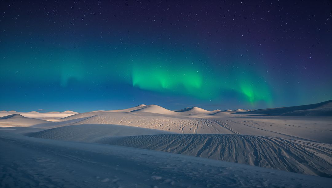 Northern Lights Dancing Over Windblown Snow Dunes Under Starry Arctic Sky