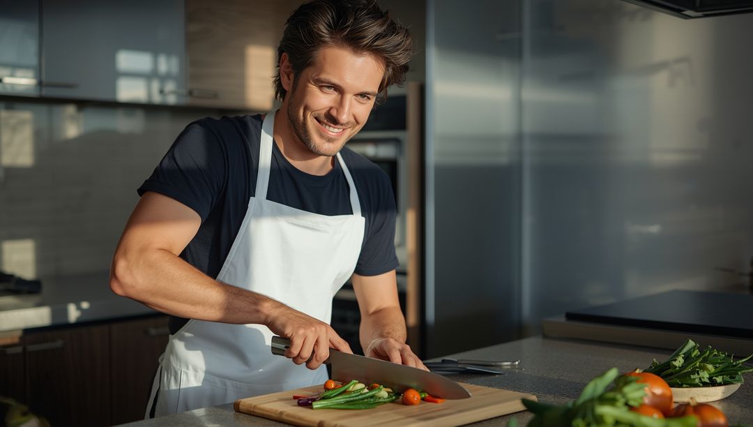 Smiling Man Preparing Fresh Ingredients in Modern Kitchen