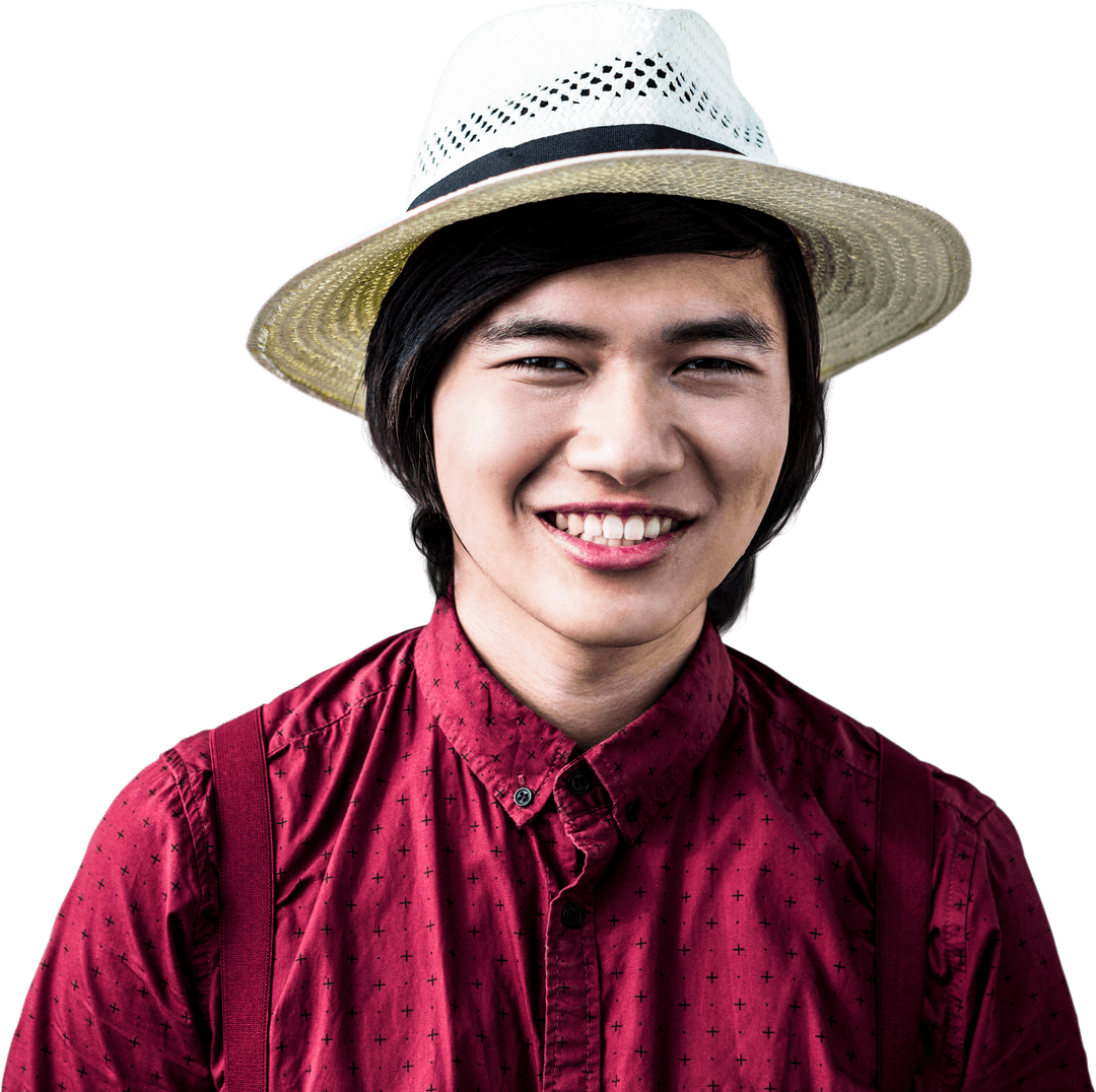 Asian Man Smiling with Straw Hat on Transparent Background