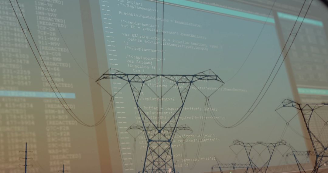 Power Grid and Digital Code Overlay at Dusk