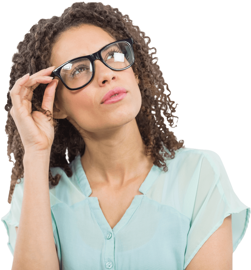 Thoughtful Woman With Glasses on Transparent Background