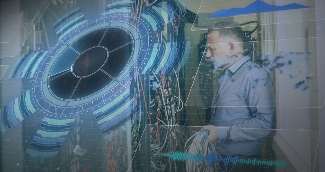 Engineer Analyzing Data in Server Room with Digital Interface Overlay