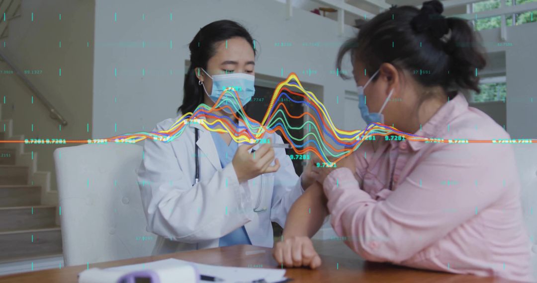 Korean Doctor Administering Vaccine with Virtual Infographic Overlay