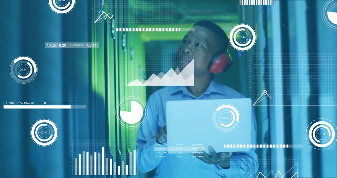 Data Visualization of Businessman Analyzing Financial Metrics in Server Room