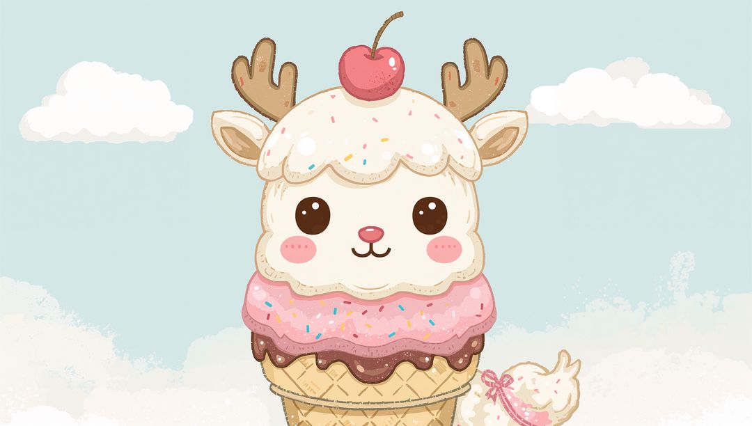 Smiling ice cream deer sitting in pastel sky with waffle cone, sprinkles and cherry antlers
