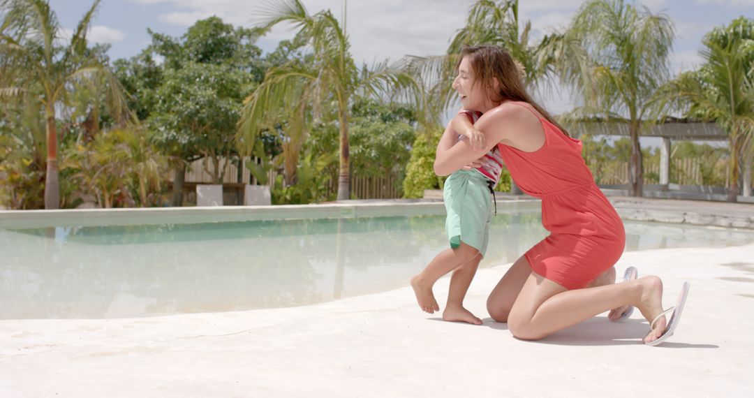 Happy Mother Hugging Young Son Near Swimming Pool in Summer - Free Images, Stock Photos and Pictures on Pikwizard.com