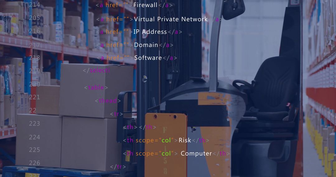 Powered Pallet Truck in Warehouse Aisle with Code Overlay for Logistics Tech and Inventory