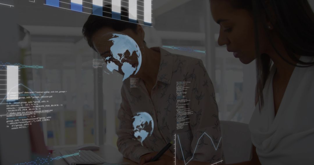 Two Women Collaborating on Data Dashboard, Analyzing Global Analytics in Modern Office