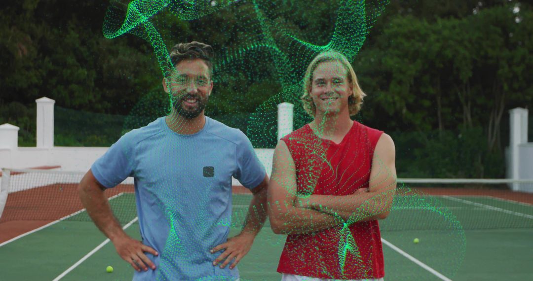 Two Tennis Players Standing on Court with Green Digital Particle Overlay, Teamwork