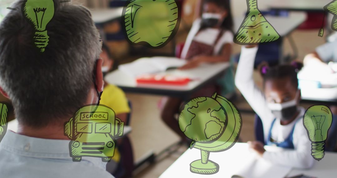 Teacher Engaging with Diverse Students Wearing Masks in Classroom