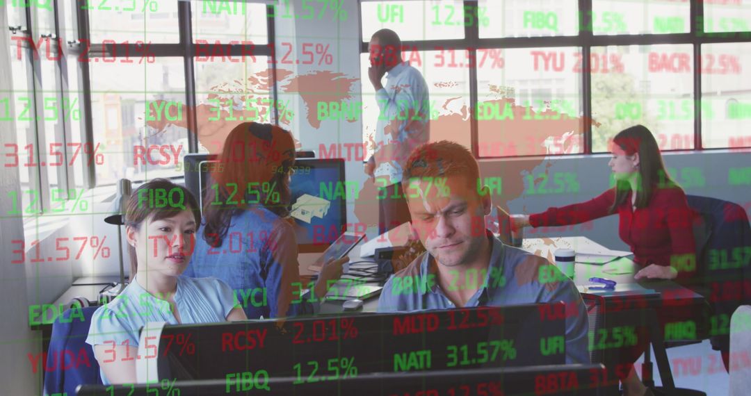 Business Professionals Collaborating with Stock Market Data Overlay