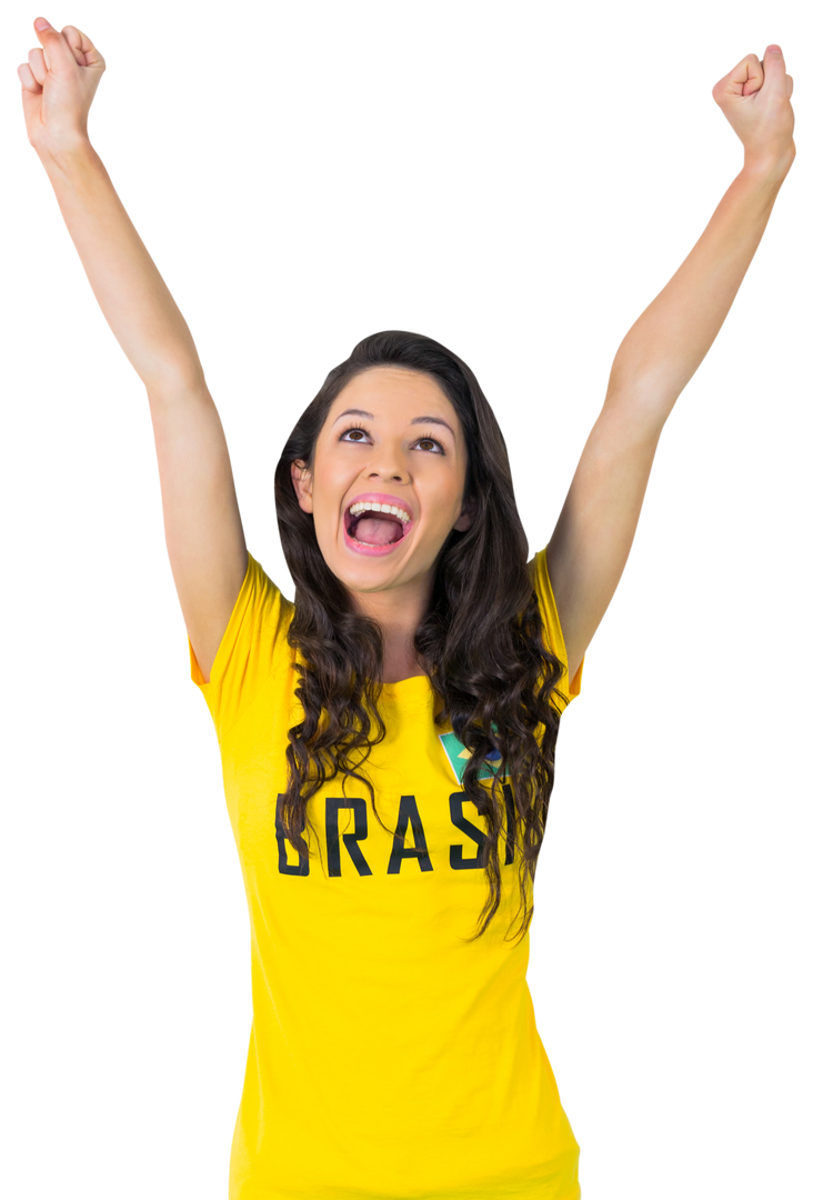 Excited Football Fan Celebrating in Brazil Shirt with Arms Raised on Transparent Background - Download Free Stock Images Pikwizard.com