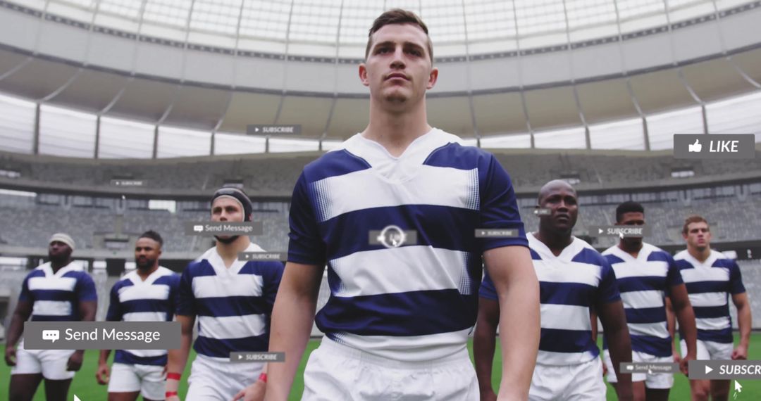 Diverse Rugby Team with Social Media Overlay at Stadium