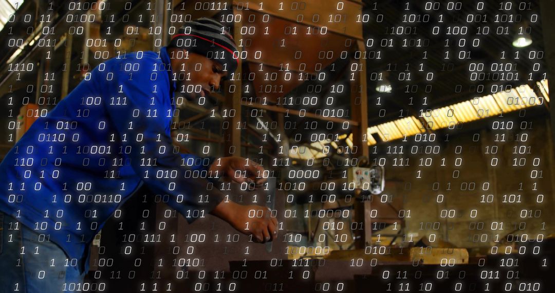 Technician Adjusting Lathe with Digital Precision Overlay