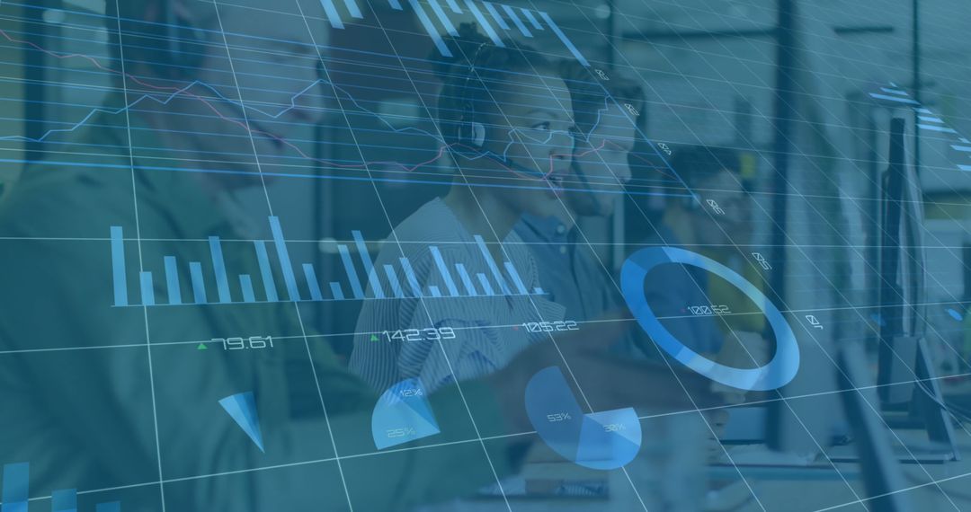 Customer Support Team Analyzing Financial Data with Digital Interface Overlay