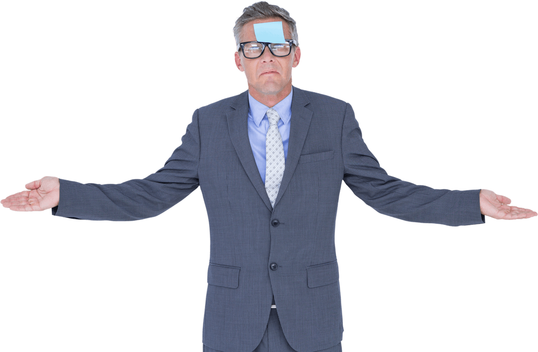 Confused Businessman with Transparent Post-It Note on Glasses