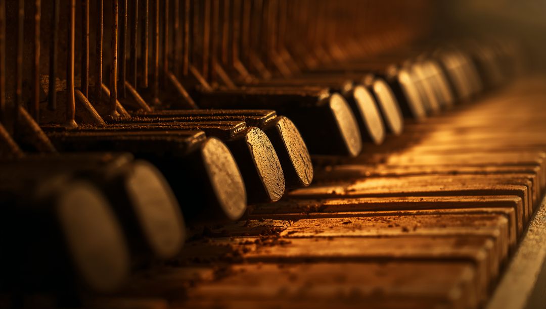Worn Vintage Piano Keys and Felt Hammers Revealing Dust, Chipped Edges, Weathered Texture