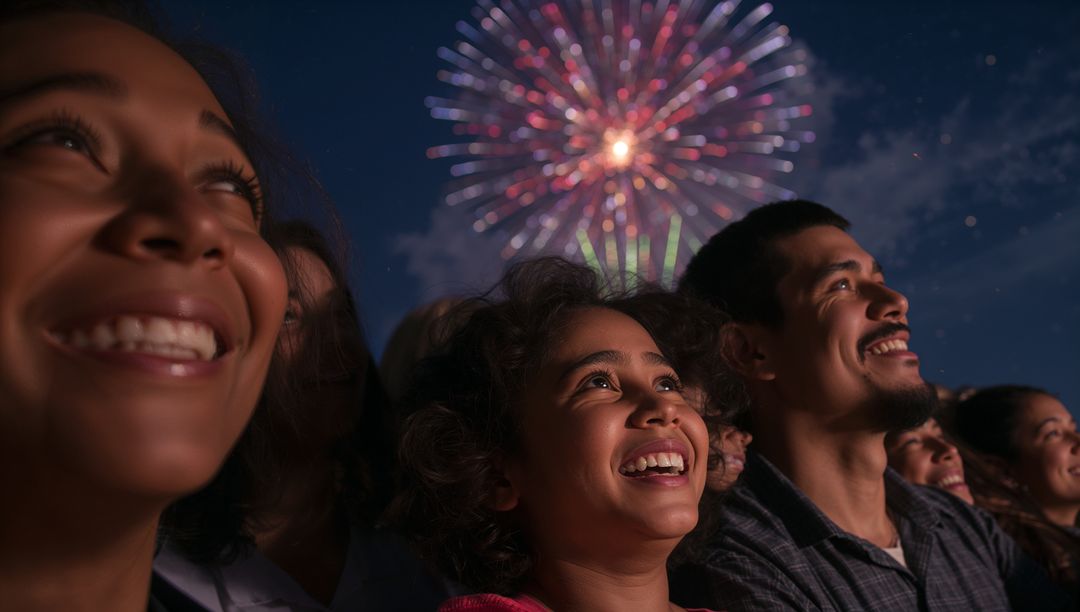Smiling Diverse Group Watching Colorful Fireworks at Night Celebrating Together