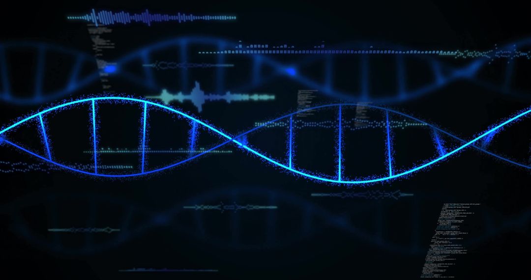 Glowing Blue DNA Helix with Futuristic Tech Interface
