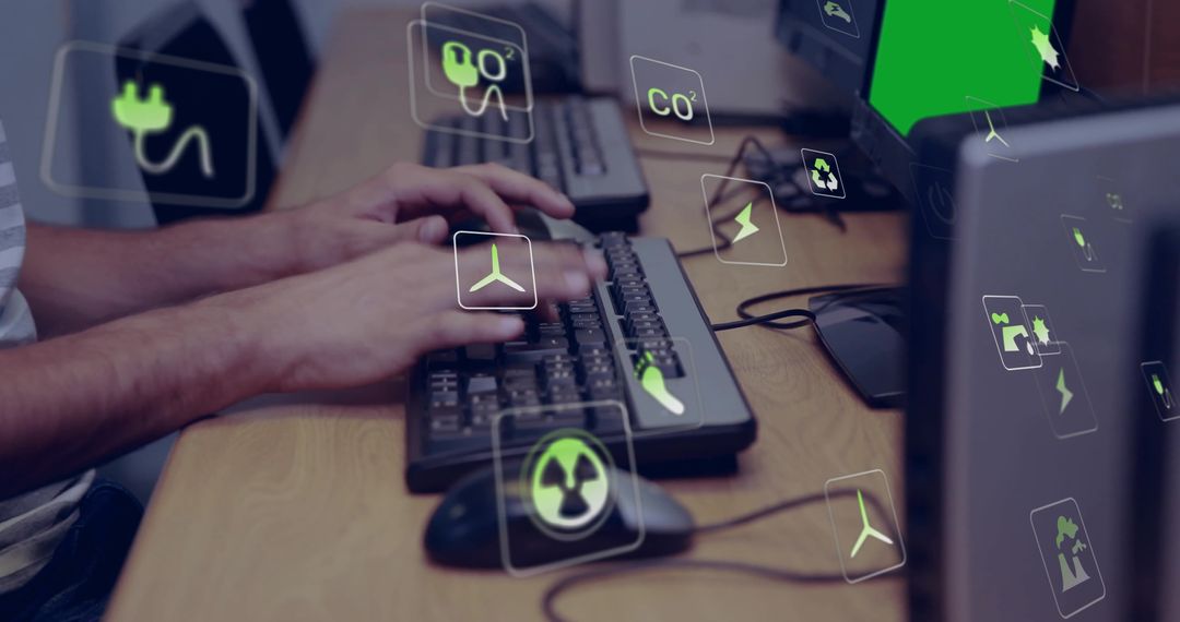 Typing hands on keyboards with green energy icons overlay, sustainable tech collaboration