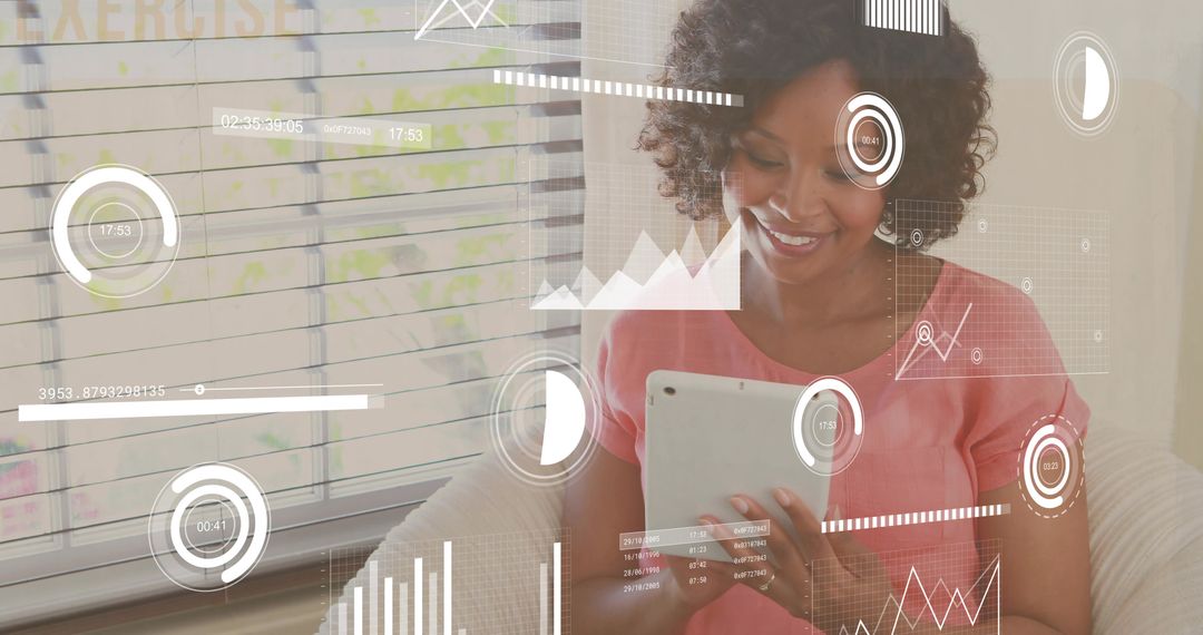 Smiling Woman Analyzing Data on Tablet with Transparent Infographics