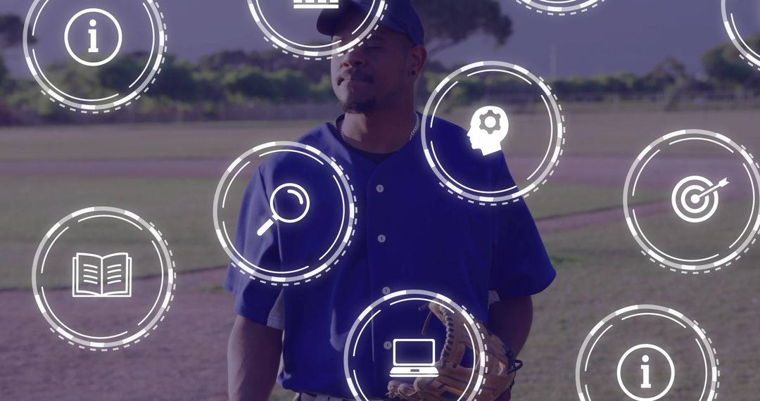 Baseball Player with Digital Overlay Icons on Field