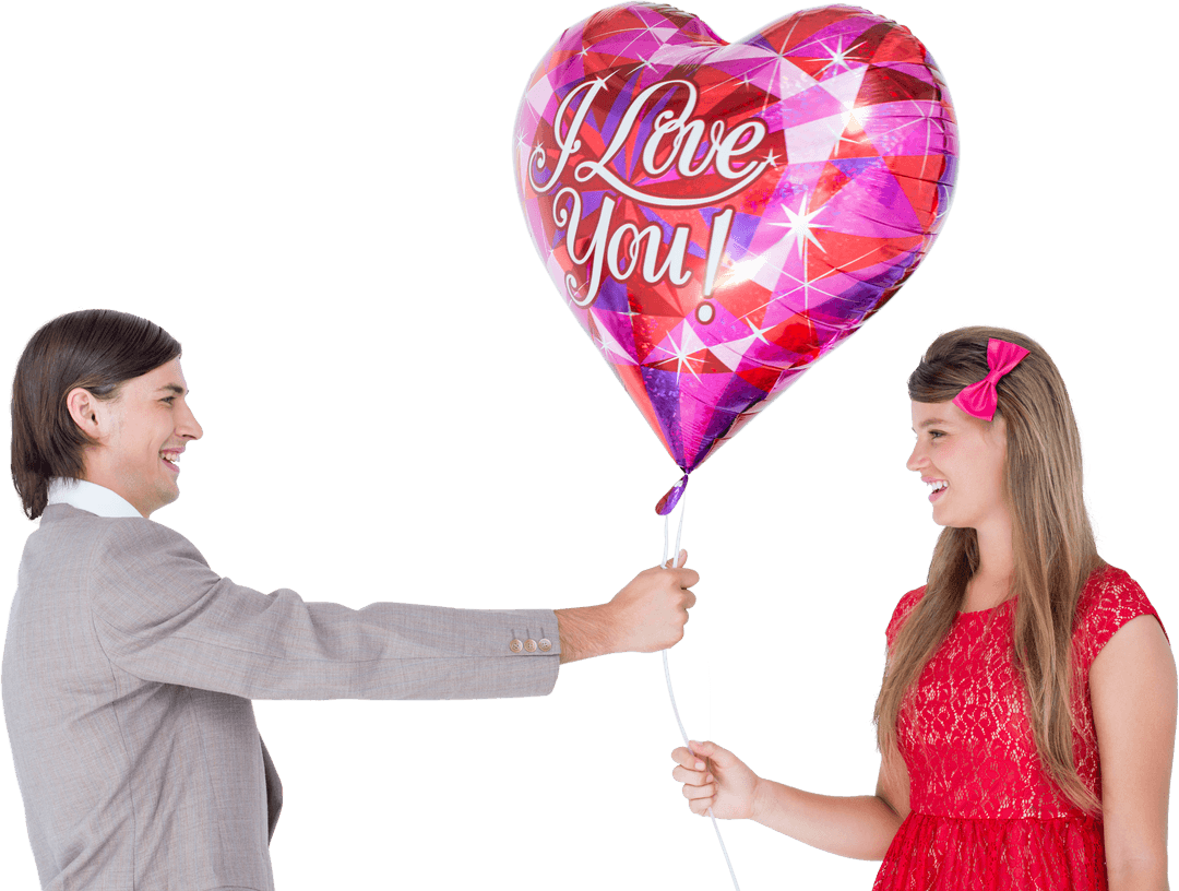 Man Offering Heart-Shaped Balloon Saying I Love You to Smiling Woman