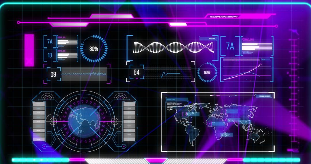 Futuristic Data Processing Interface with Graphs and Maps