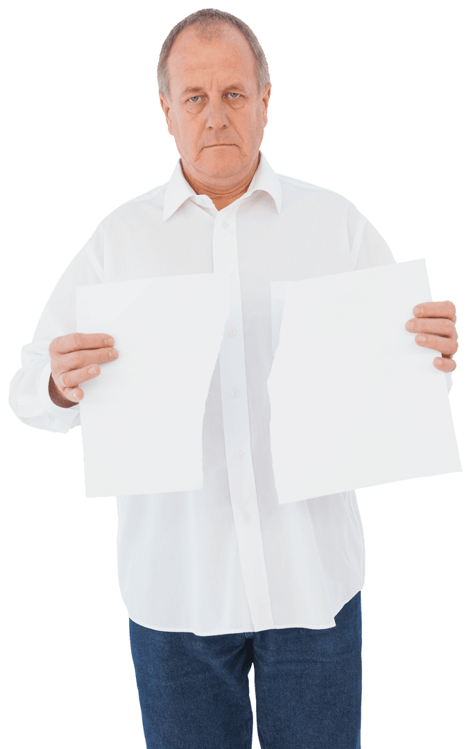 Serious Senior Man Holding Torn Paper in Transparent Background