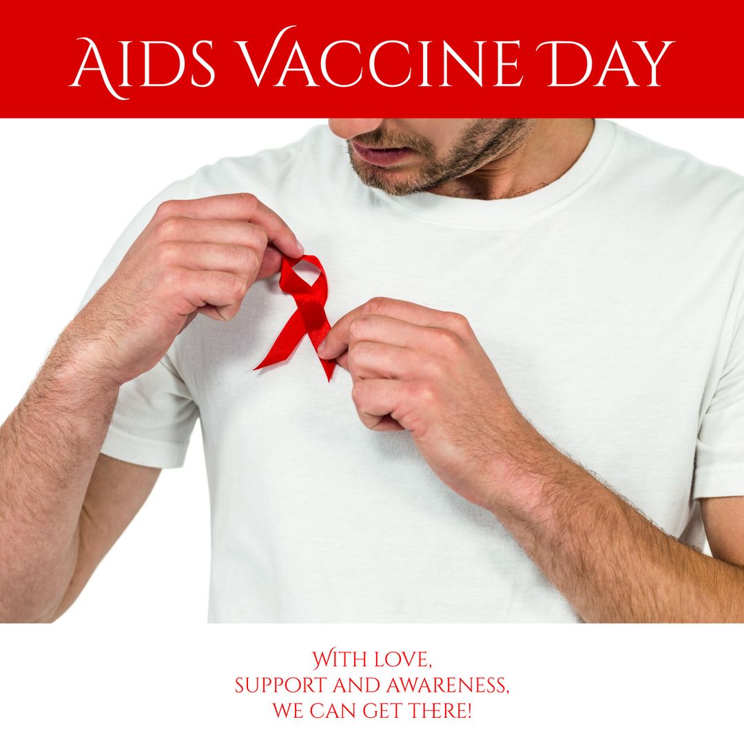 Man Holding Red Awareness Ribbon for AIDS Vaccine Day Support