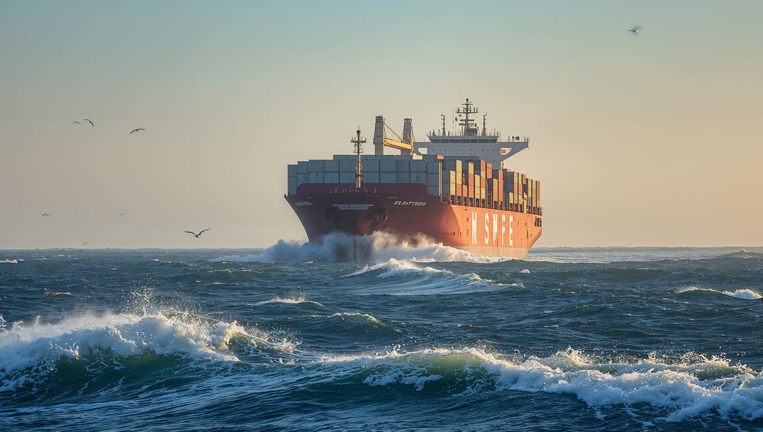 Crimson container ship cutting through choppy ocean with bow spray and stacked cargo