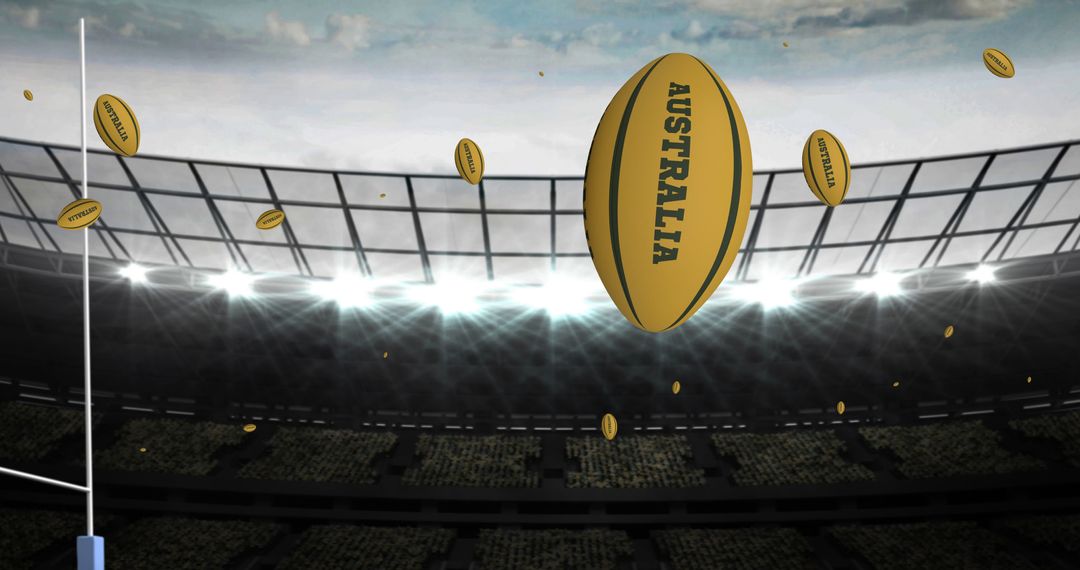 Dynamic Scene of Rugby Balls at Stadium Illuminated