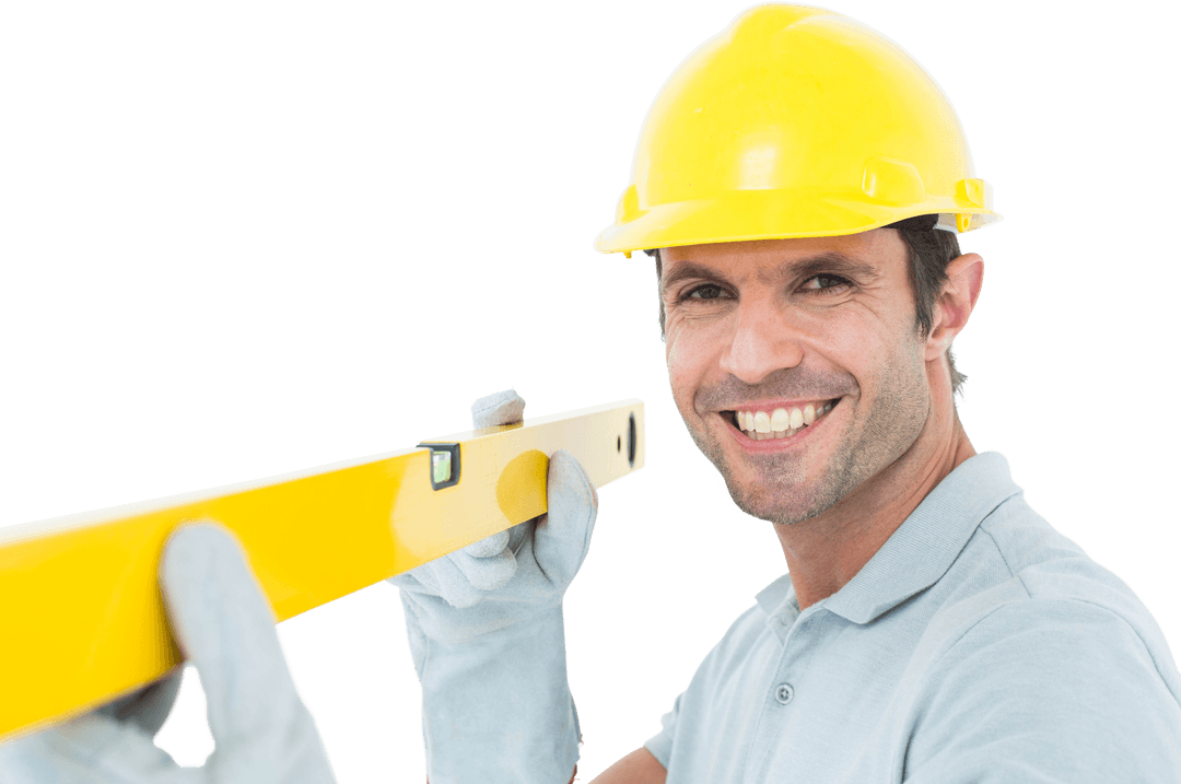 Smiling Carpenter with Yellow Hard Hat and Spirit Level Transparent Background