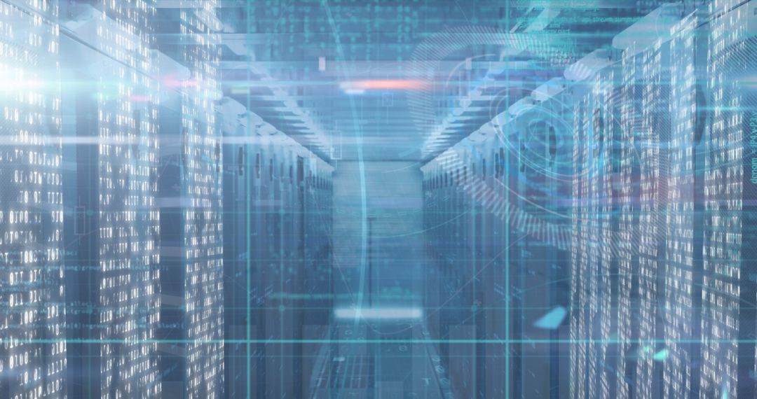 Futuristic Server Room with Digital Overlay of Data