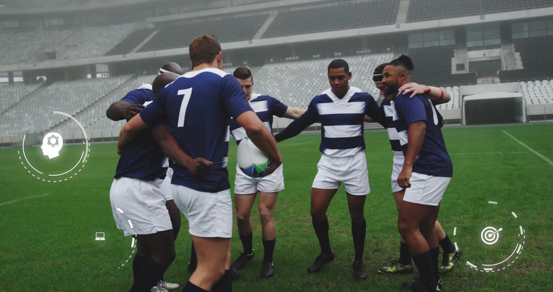Diverse Rugby Team Huddle with Social Media Interface