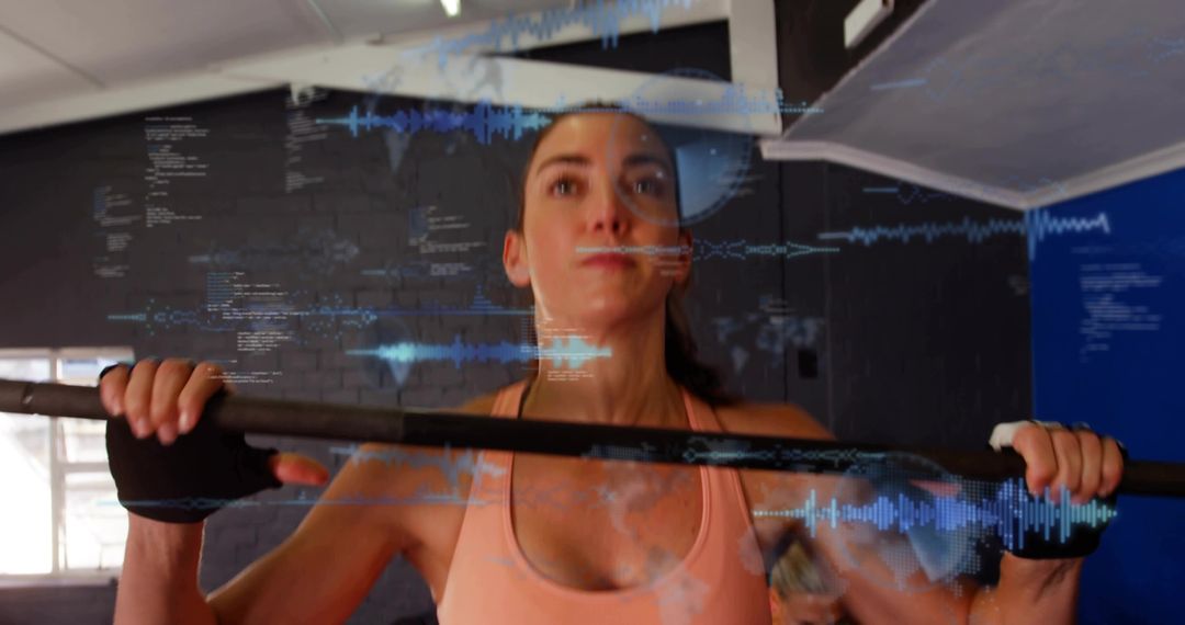 Athletic woman performing pull-up with augmented digital fitness overlay and intense focus