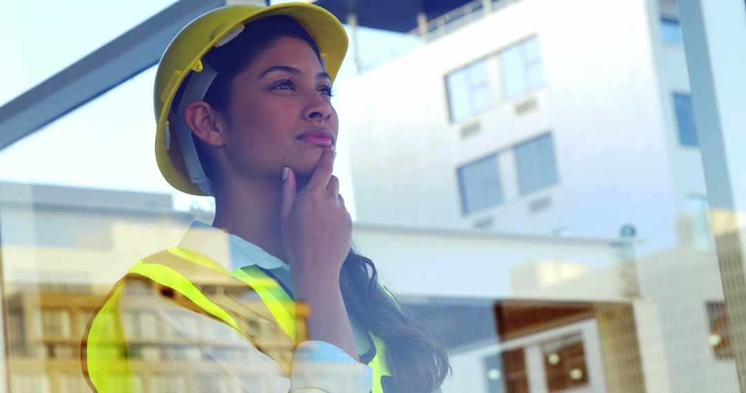 Thoughtful Female Construction Worker in Safety Gear - Free Images, Stock Photos and Pictures on Pikwizard.com