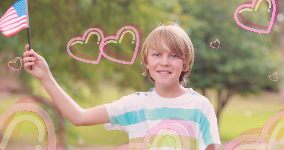 Smiling Boy Waving American Flag with Pastel Hearts and Rainbows