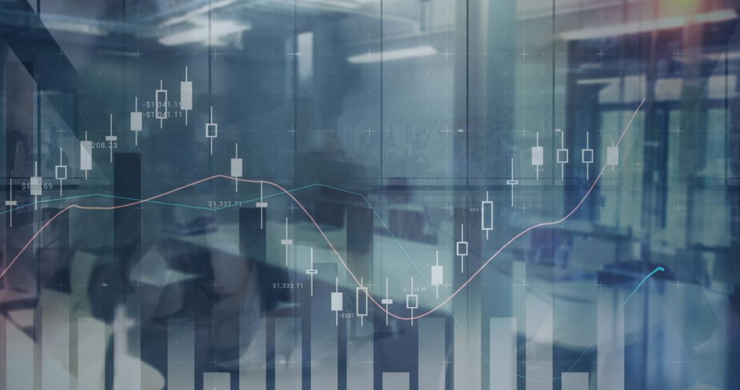 Financial Data and Graphs Overlay in Modern Office Setting
