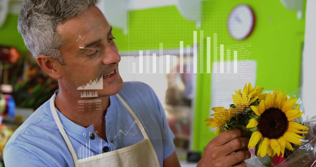 Florist Arranging Sunflower Bouquet with Data Visualizations