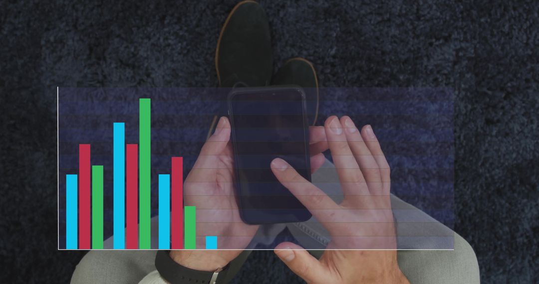 Man Analyzing Data on Smartphone with Modern Bar Chart Overlay