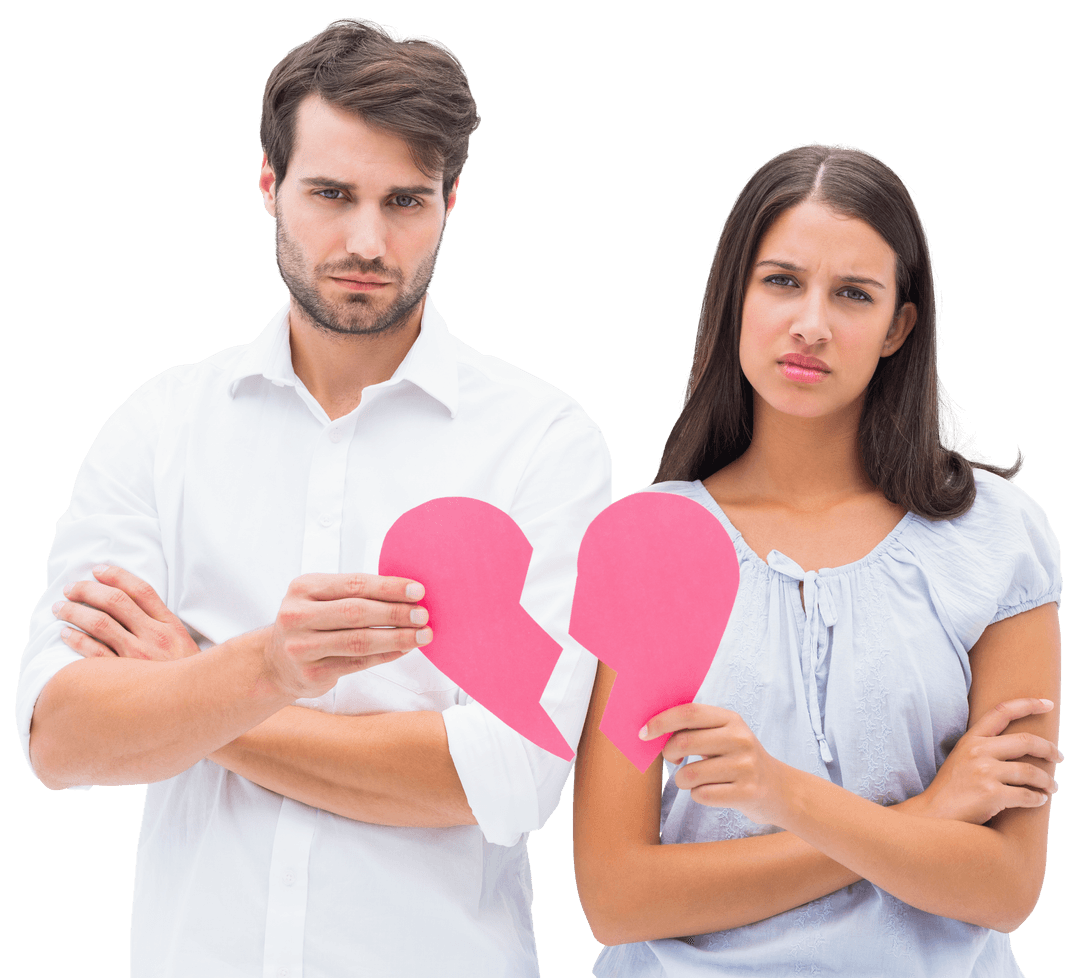Transparent Upset Couple Holding Broken Heart Pieces