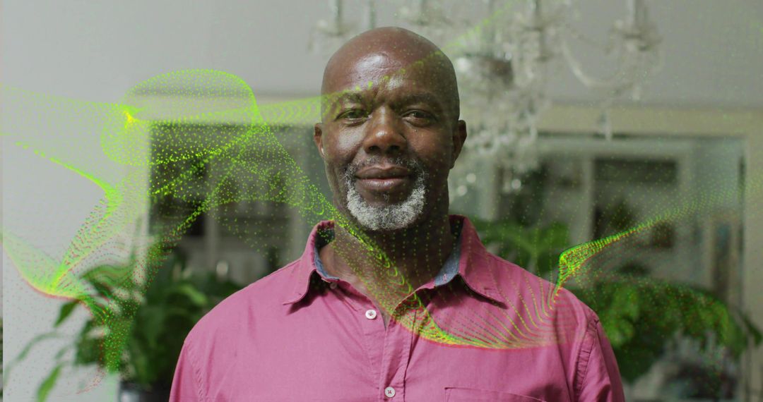 Man Standing in Chandelier-Lit Urban Living Space with Green Tech Overlay