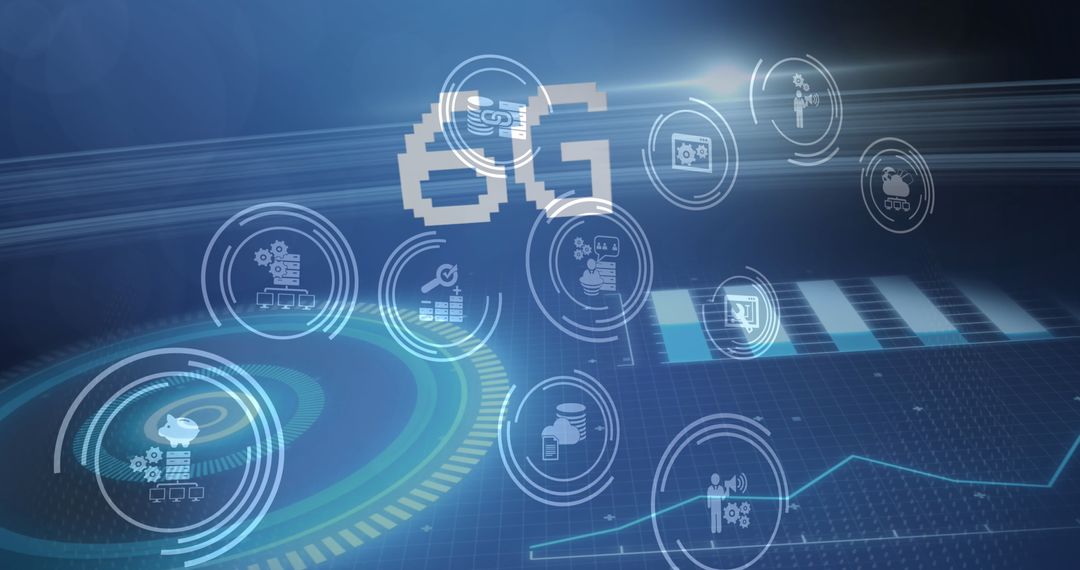 6G Digital Interface with Technology Icons on Blue Background