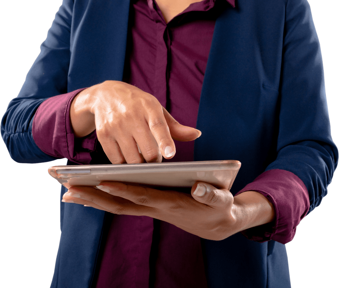 Transparent Background Businesswoman Using Tablet Touchscreen