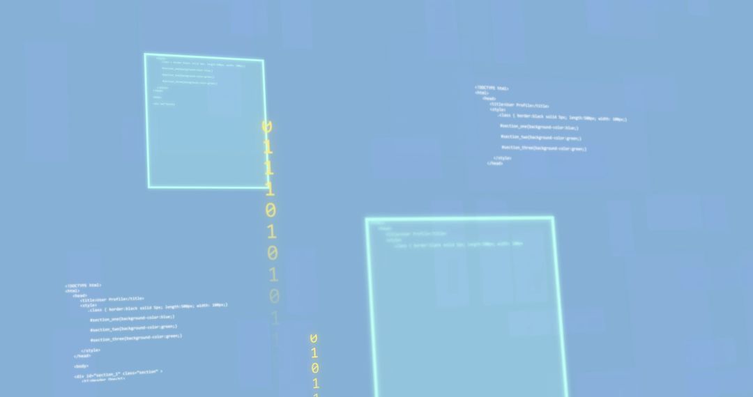 Digital code and binary network on blue background