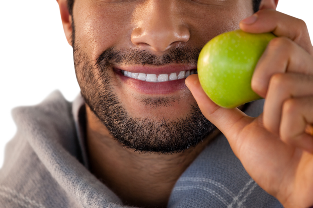 Close-Up of Smiling Man Holding Green Apple, Transparent Background - Download Free Stock Images Pikwizard.com