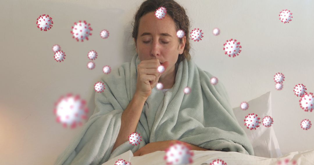 Woman Coughing Surrounded by Virus Particles in Quarantine